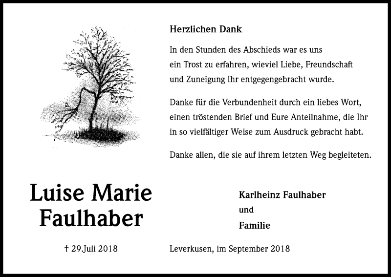  Traueranzeige für Luise Marie Faulhaber vom 01.09.2018 aus Kölner Stadt-Anzeiger / Kölnische Rundschau / Express