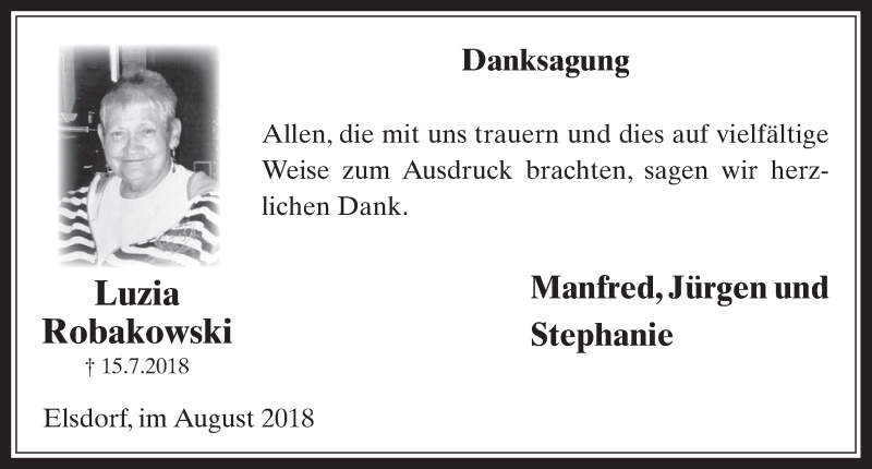 Traueranzeige für Luzia Robakowski vom 15.08.2018 aus  Werbepost 