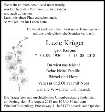 Anzeige von Luzie Krüger von Kölner Stadt-Anzeiger / Kölnische Rundschau / Express