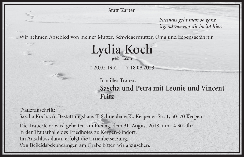  Traueranzeige für Lydia Koch vom 25.08.2018 aus  Sonntags-Post 