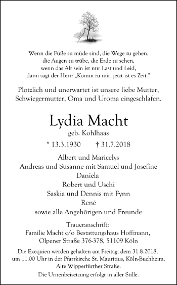 Anzeige von Lydia Macht von Kölner Stadt-Anzeiger / Kölnische Rundschau / Express
