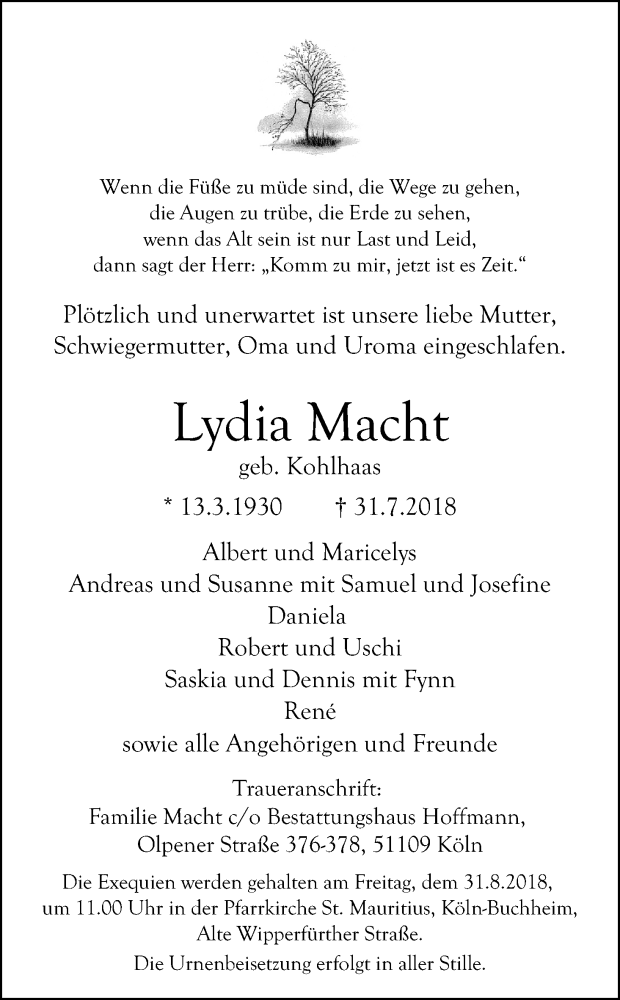  Traueranzeige für Lydia Macht vom 25.08.2018 aus Kölner Stadt-Anzeiger / Kölnische Rundschau / Express