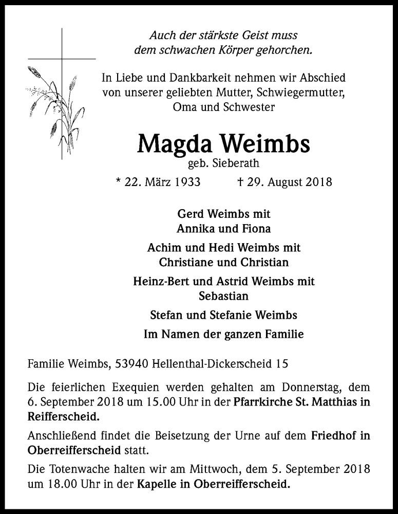  Traueranzeige für Magda Weimbs vom 01.09.2018 aus Kölner Stadt-Anzeiger / Kölnische Rundschau / Express