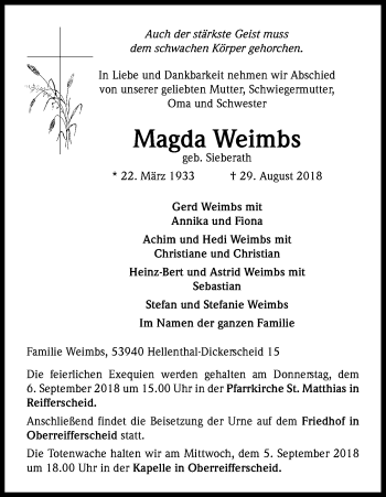 Anzeige von Magda Weimbs von Kölner Stadt-Anzeiger / Kölnische Rundschau / Express