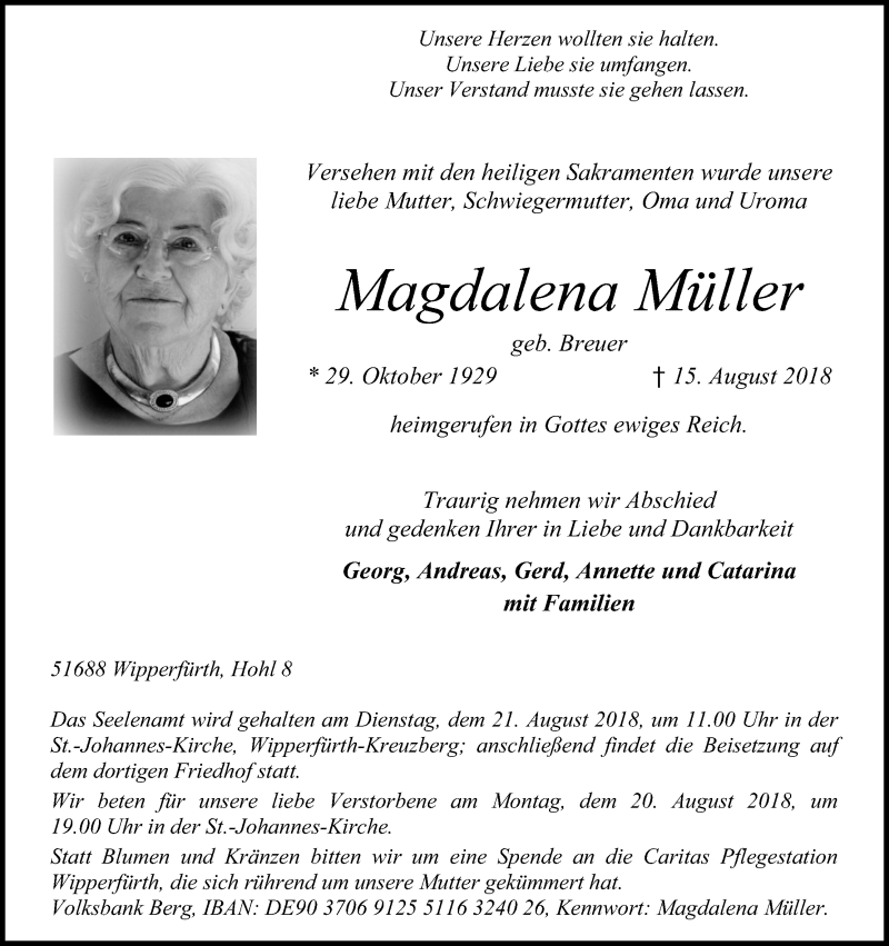  Traueranzeige für Magdalena Müller vom 17.08.2018 aus Kölner Stadt-Anzeiger / Kölnische Rundschau / Express