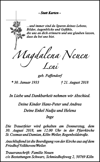 Anzeige von Magdalena Neuen von Kölner Stadt-Anzeiger / Kölnische Rundschau / Express