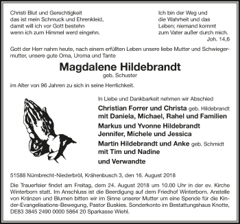 Anzeige von Magdalene Hildebrandt von  Lokalanzeiger 