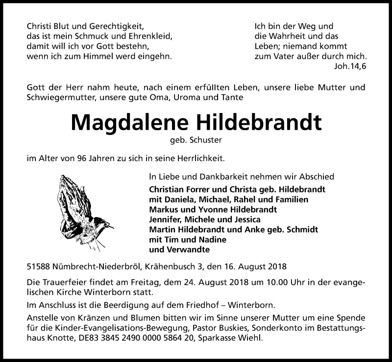  Traueranzeige für Magdalene Hildebrandt vom 18.08.2018 aus Kölner Stadt-Anzeiger / Kölnische Rundschau / Express