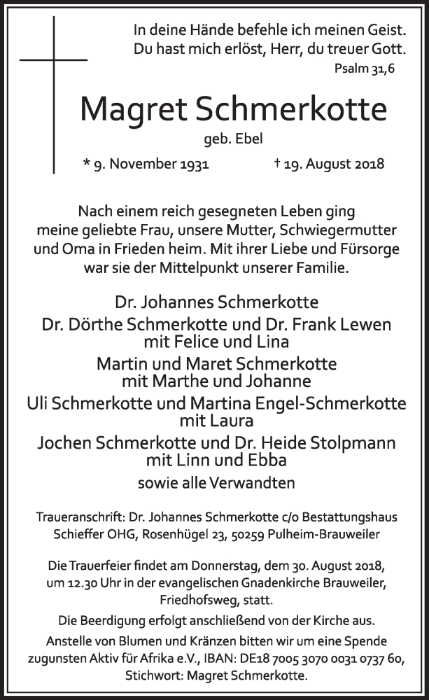  Traueranzeige für Magret Schmerkotte vom 25.08.2018 aus  Sonntags-Post 