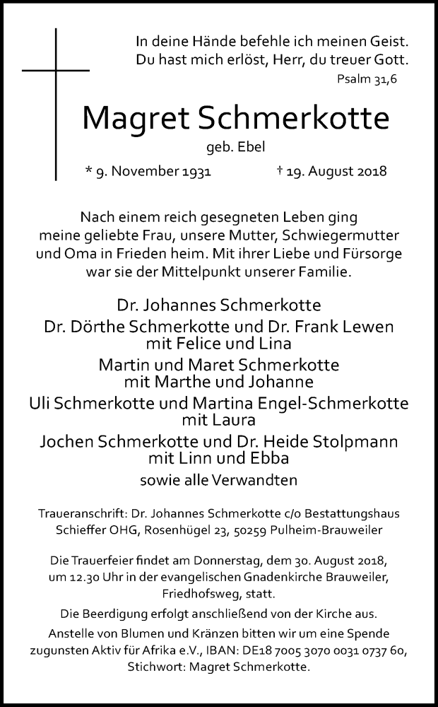  Traueranzeige für Magret Schmerkotte vom 28.08.2018 aus Kölner Stadt-Anzeiger / Kölnische Rundschau / Express