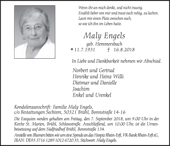 Anzeige von Maly Engels von  Schlossbote/Werbekurier 