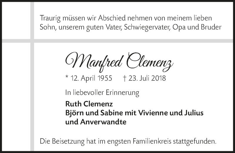  Traueranzeige für Manfred Clemenz vom 08.08.2018 aus  Lokalanzeiger 
