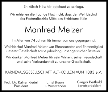 Anzeige von Manfred Melzer von Kölner Stadt-Anzeiger / Kölnische Rundschau / Express