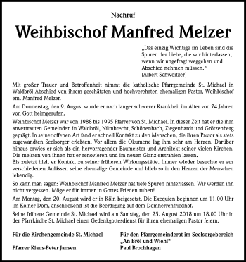 Anzeige von Manfred Melzer von Kölner Stadt-Anzeiger / Kölnische Rundschau / Express