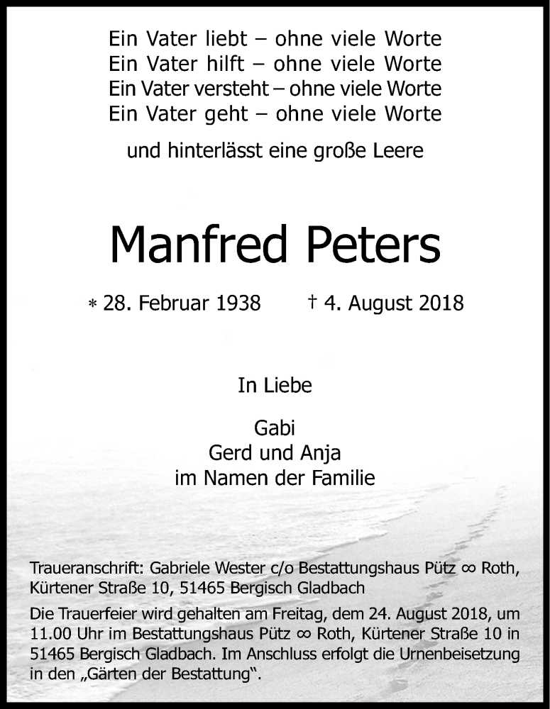  Traueranzeige für Manfred Peters vom 18.08.2018 aus Kölner Stadt-Anzeiger / Kölnische Rundschau / Express