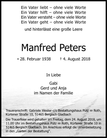 Anzeige von Manfred Peters von Kölner Stadt-Anzeiger / Kölnische Rundschau / Express