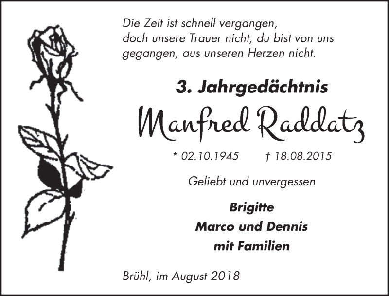  Traueranzeige für Manfred Raddatz vom 15.08.2018 aus  Schlossbote/Werbekurier 