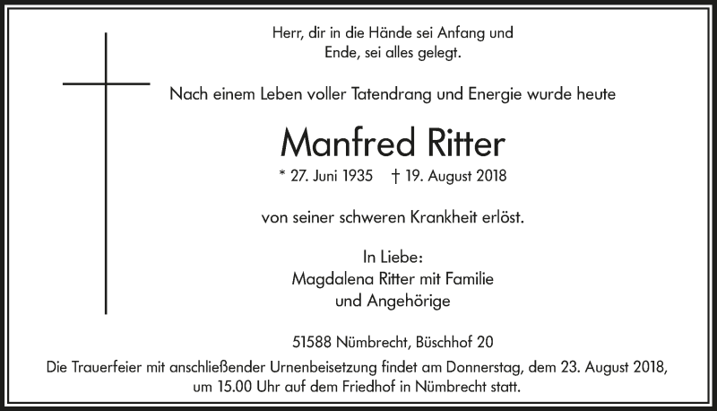 Traueranzeige für Manfred Ritter vom 22.08.2018 aus  Lokalanzeiger 