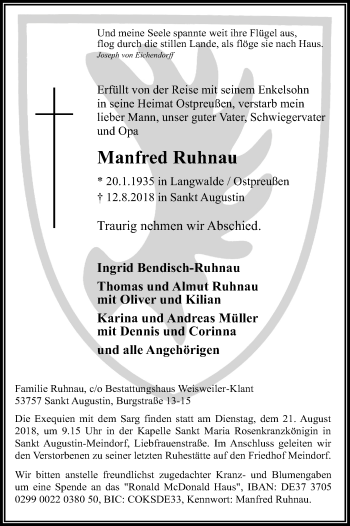 Anzeige von Manfred Ruhnau von Kölner Stadt-Anzeiger / Kölnische Rundschau / Express