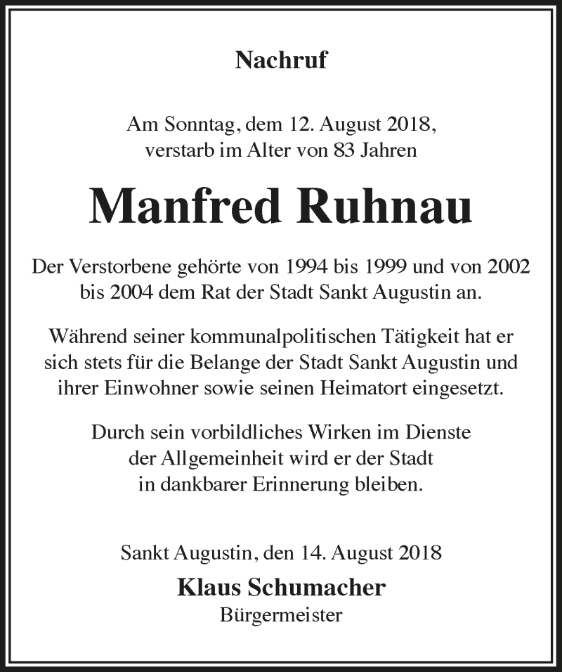  Traueranzeige für Manfred Ruhnau vom 22.08.2018 aus  Extra Blatt 