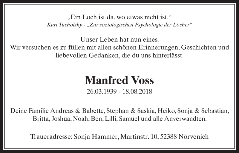  Traueranzeige für Manfred Voss vom 29.08.2018 aus  Werbepost 