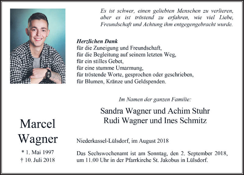  Traueranzeige für Marcel Wagner vom 29.08.2018 aus  Extra Blatt 
