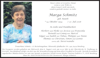 Anzeige von Marga Schmitz von Kölner Stadt-Anzeiger / Kölnische Rundschau / Express