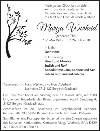 Anzeige von Marga Werheid von  Bergisches Sonntagsblatt 
