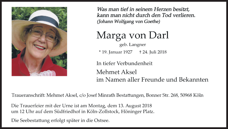  Traueranzeige für Marga von Darl vom 08.08.2018 aus Kölner Stadt-Anzeiger / Kölnische Rundschau / Express