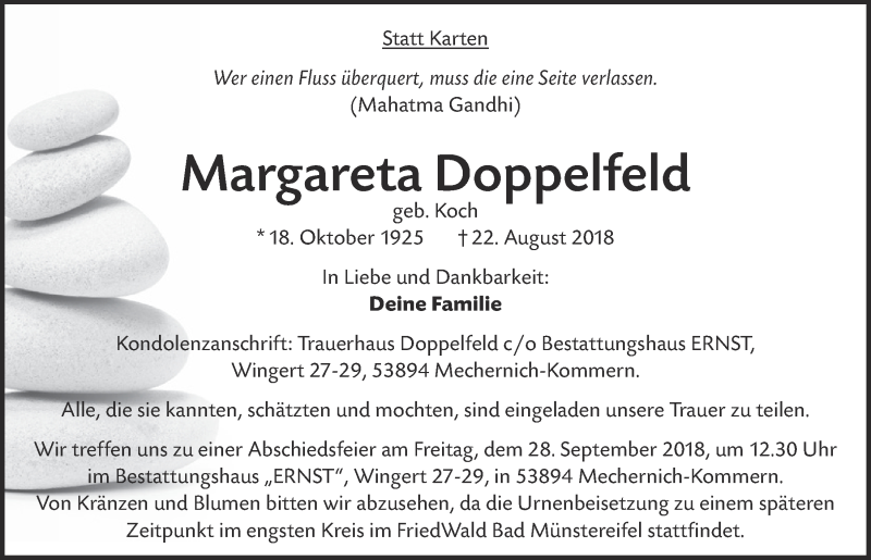  Traueranzeige für Margareta Doppelfeld vom 01.09.2018 aus  Blickpunkt Euskirchen 