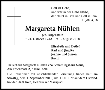 Anzeige von Margareta Nühlen von Kölner Stadt-Anzeiger / Kölnische Rundschau / Express