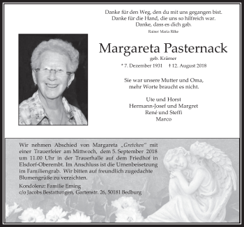 Anzeige von Margareta Pasternack von  Werbepost 