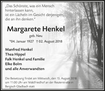 Anzeige von Margarete Henkel von  Bergisches Handelsblatt 