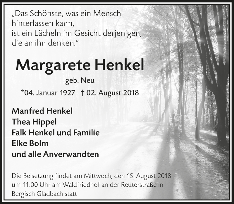  Traueranzeige für Margarete Henkel vom 08.08.2018 aus  Bergisches Handelsblatt 