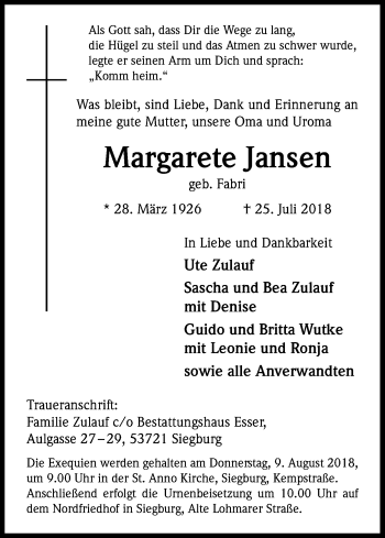 Anzeige von Margarete Jansen von Kölner Stadt-Anzeiger / Kölnische Rundschau / Express