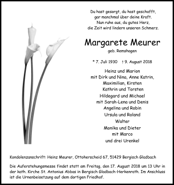 Anzeige von Margarete Meurer von Kölner Stadt-Anzeiger / Kölnische Rundschau / Express