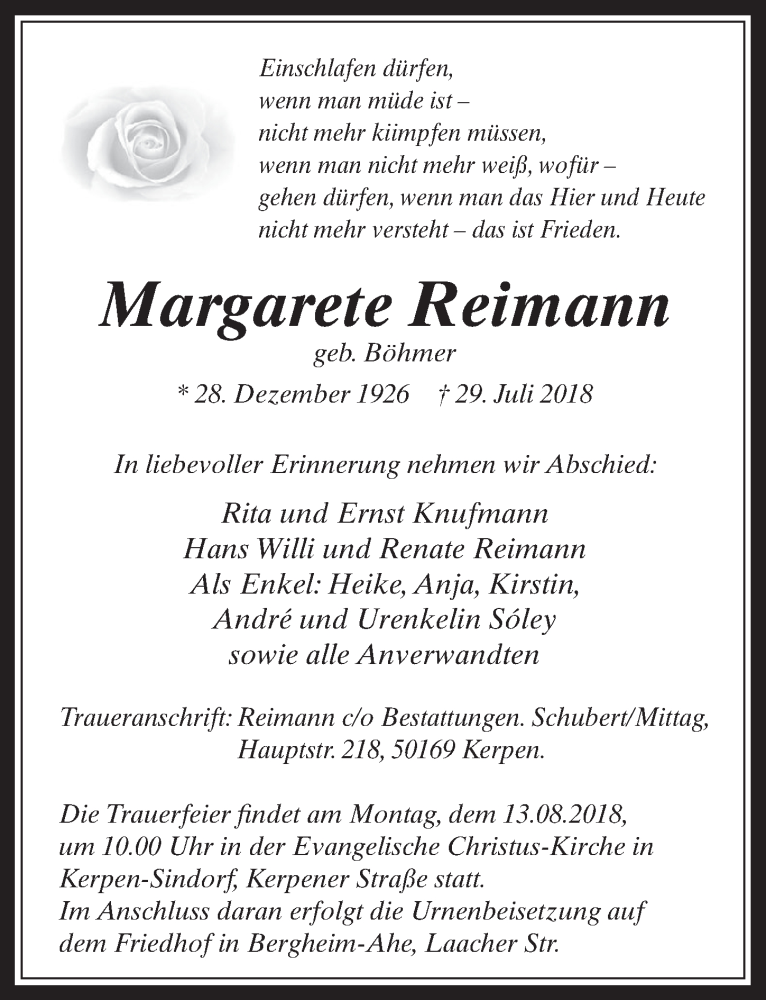  Traueranzeige für Margarete Reimann vom 08.08.2018 aus  Werbepost 