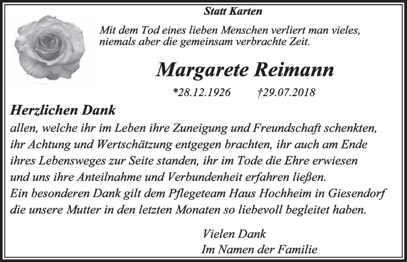  Traueranzeige für Margarete Reimann vom 25.08.2018 aus  Sonntags-Post 