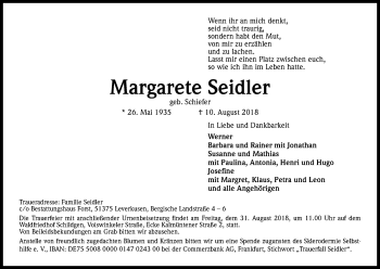 Anzeige von Margarete Seidler von Kölner Stadt-Anzeiger / Kölnische Rundschau / Express