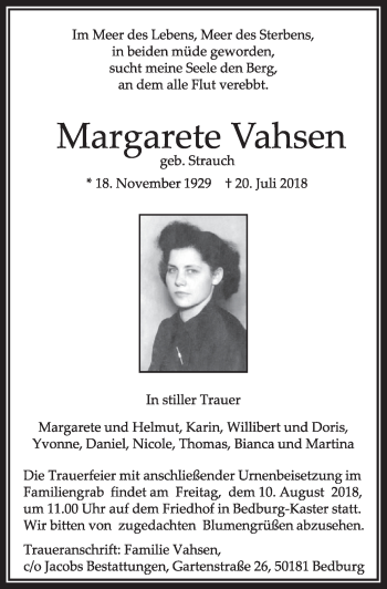 Anzeige von Margarete Vahsen von  Sonntags-Post 