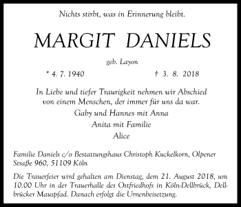 Anzeige von Margit Daniels von Kölner Stadt-Anzeiger / Kölnische Rundschau / Express