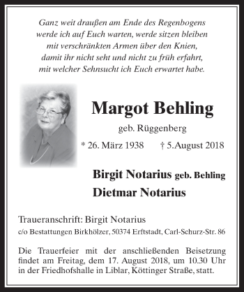 Anzeige von Margot Behling von  Werbepost 