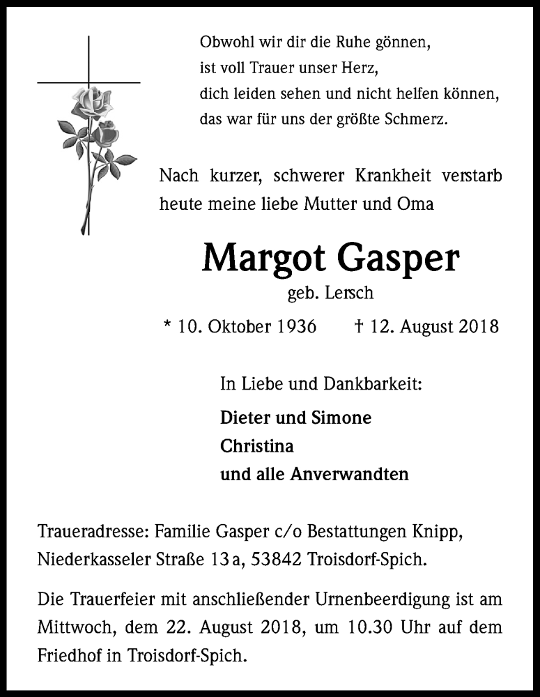  Traueranzeige für Margot Gasper vom 18.08.2018 aus Kölner Stadt-Anzeiger / Kölnische Rundschau / Express
