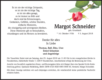 Anzeige von Margot Schneider von Kölner Stadt-Anzeiger / Kölnische Rundschau / Express