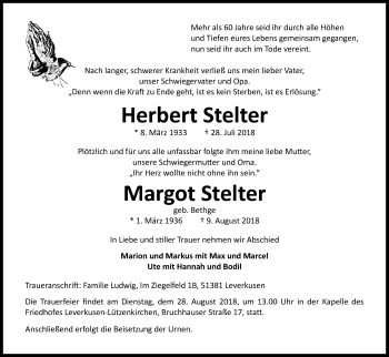 Anzeige von Margot Stelter von Kölner Stadt-Anzeiger / Kölnische Rundschau / Express