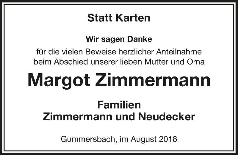  Traueranzeige für Margot Zimmermann vom 15.08.2018 aus  Anzeigen Echo 