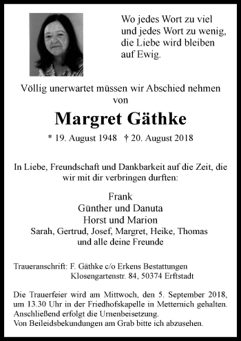 Anzeige von Margret Gäthke von  Blickpunkt Euskirchen 