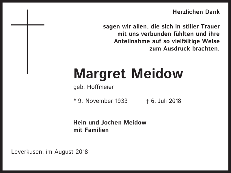  Traueranzeige für Margret Meidow vom 25.08.2018 aus Kölner Stadt-Anzeiger / Kölnische Rundschau / Express