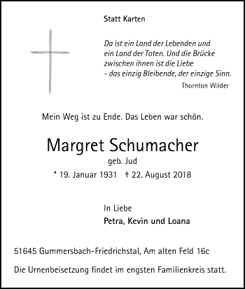 Anzeige von Margret Schumacher von Kölner Stadt-Anzeiger / Kölnische Rundschau / Express