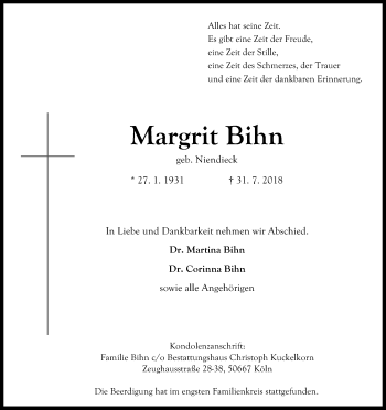 Anzeige von Margrit Bihn von Kölner Stadt-Anzeiger / Kölnische Rundschau / Express